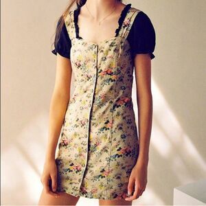 Laura Ashley & Urban Outfitters Button-Front Mini Dress Tan Floral Linen Sz M